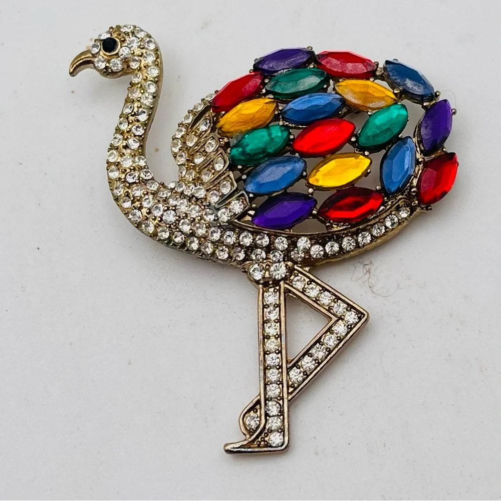 Stunning Colorful Rhinestone Flamingo Statement Brooch - Picture 4 of 13
